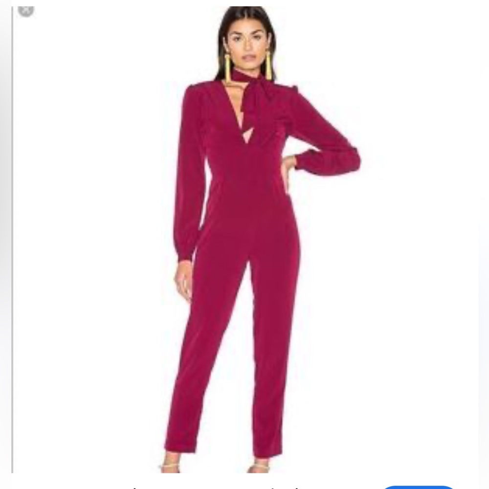 Majorelle Tie Neck Long Sleeve V-Neck Jumpsuit Maroon Sz XS